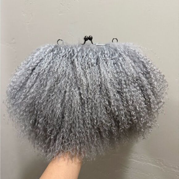 Gray Handmade Genuine Mongolian Lamb Fur Kisslock Clutch/Shoulder Bag/Crossbody - Picture 9 of 16